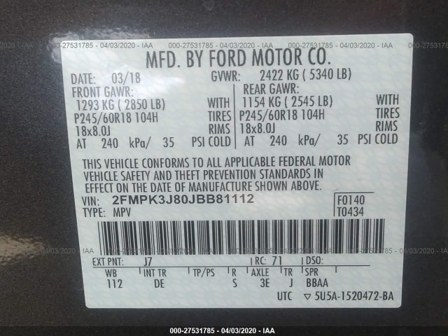 Photo 8 VIN: 2FMPK3J80JBB81112 - FORD EDGE 