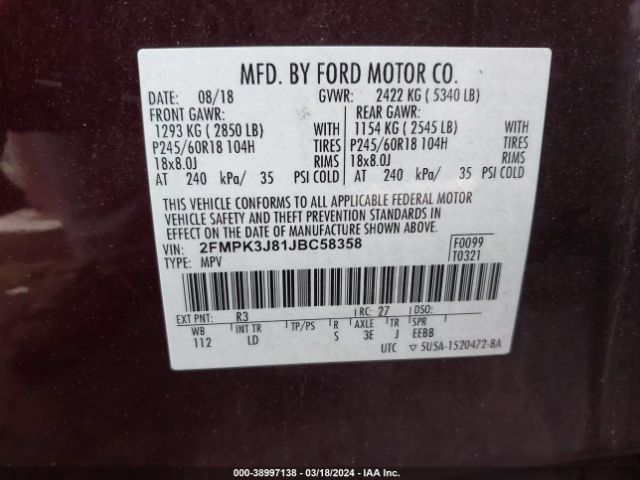 Photo 8 VIN: 2FMPK3J81JBC58358 - FORD EDGE 