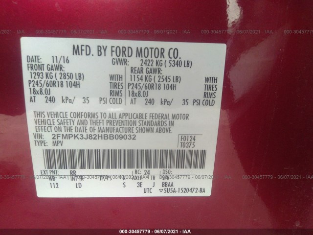 Photo 8 VIN: 2FMPK3J82HBB09032 - FORD EDGE 