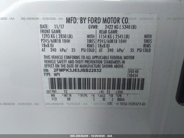 Photo 8 VIN: 2FMPK3J83JBB22832 - FORD EDGE 