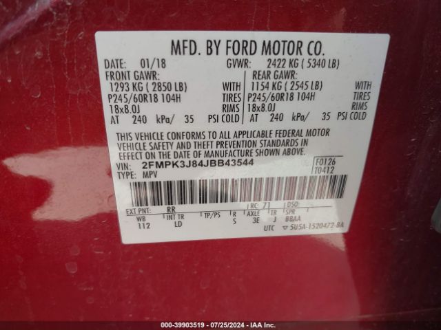 Photo 8 VIN: 2FMPK3J84JBB43544 - FORD EDGE 