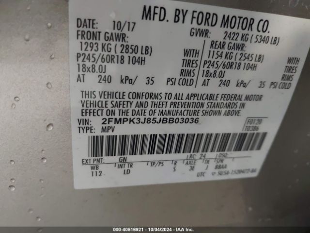 Photo 8 VIN: 2FMPK3J85JBB03036 - FORD EDGE 