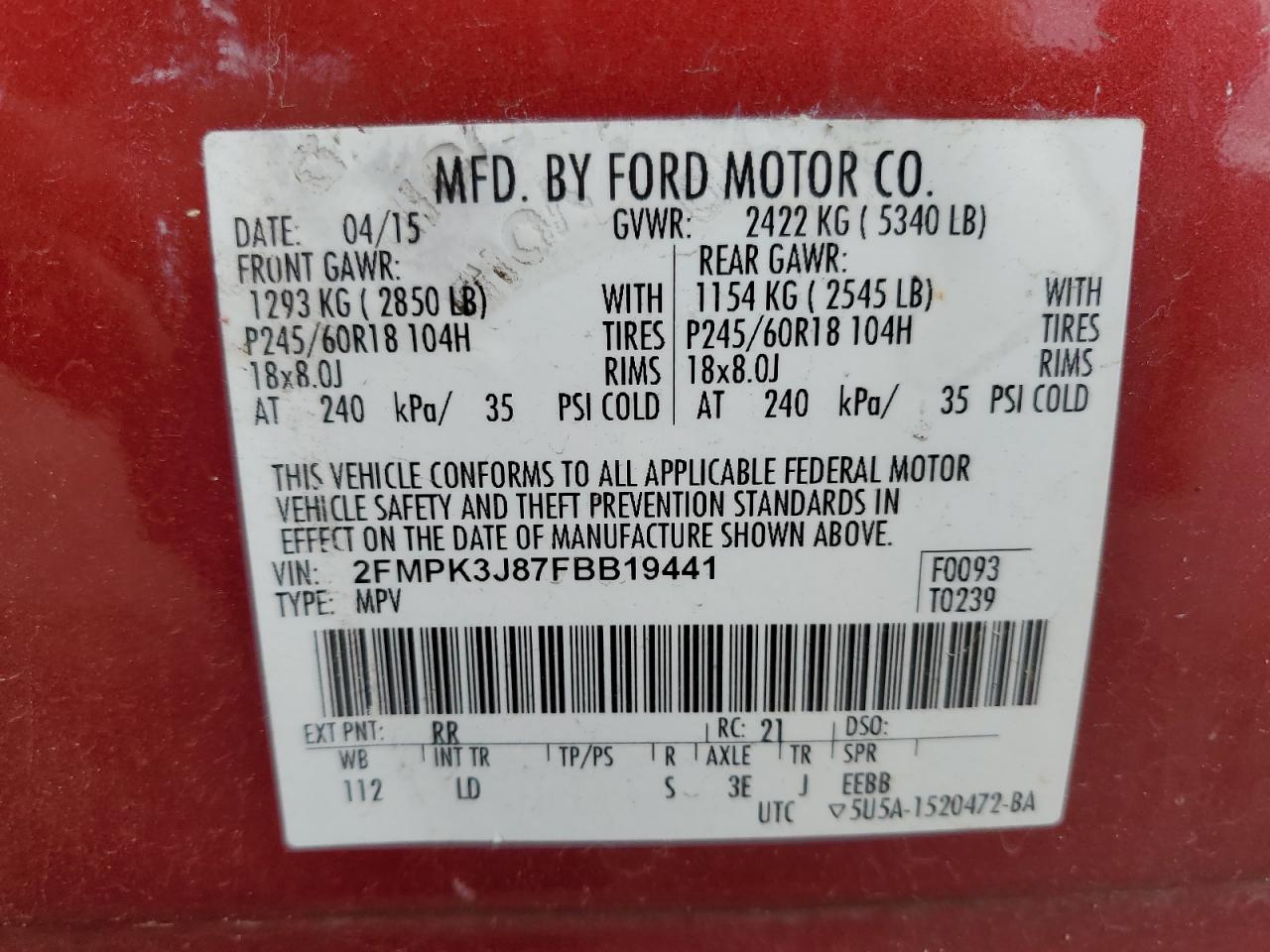 Photo 13 VIN: 2FMPK3J87FBB19441 - FORD EDGE 