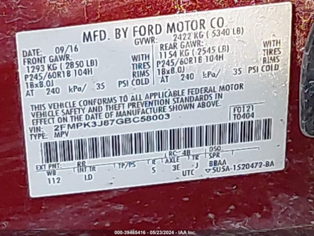 Photo 8 VIN: 2FMPK3J87GBC58003 - FORD EDGE 