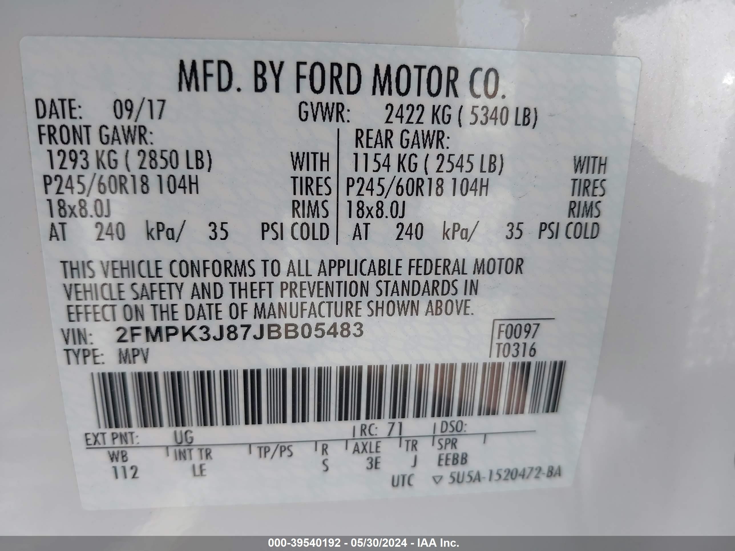 Photo 8 VIN: 2FMPK3J87JBB05483 - FORD EDGE 