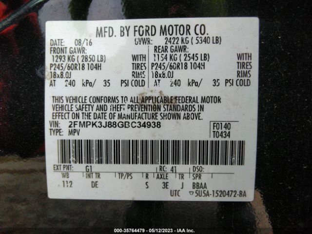 Photo 8 VIN: 2FMPK3J88GBC34938 - FORD EDGE 