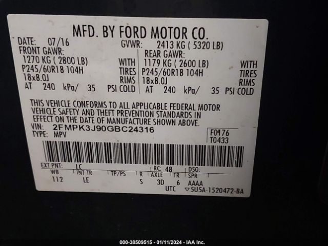 Photo 8 VIN: 2FMPK3J90GBC24316 - FORD EDGE 