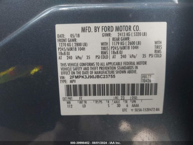 Photo 8 VIN: 2FMPK3J90JBC23755 - FORD EDGE 