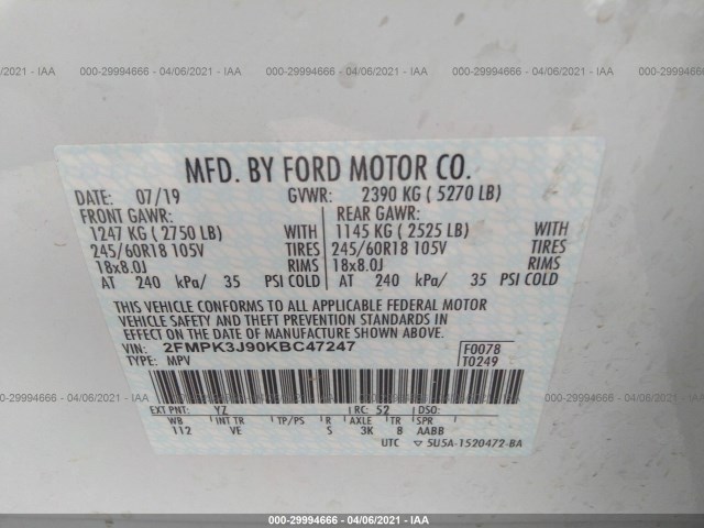 Photo 8 VIN: 2FMPK3J90KBC47247 - FORD EDGE 