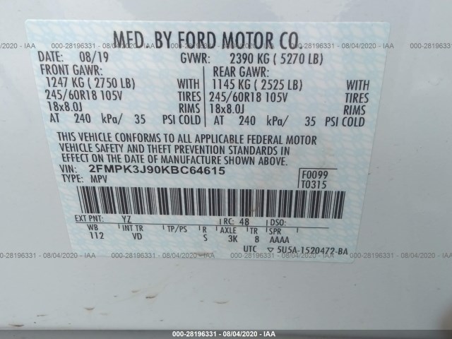 Photo 8 VIN: 2FMPK3J90KBC64615 - FORD EDGE 