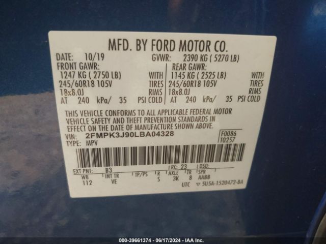 Photo 8 VIN: 2FMPK3J90LBA04328 - FORD EDGE 