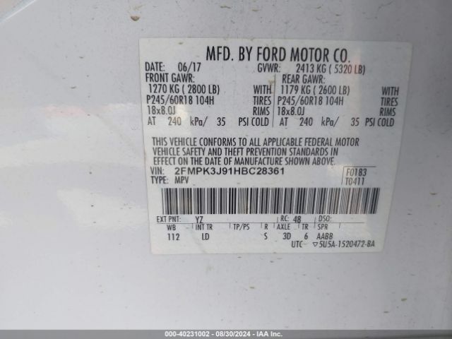 Photo 8 VIN: 2FMPK3J91HBC28361 - FORD EDGE 