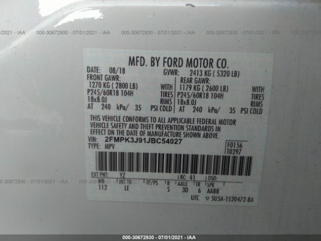 Photo 8 VIN: 2FMPK3J91JBC54027 - FORD EDGE 