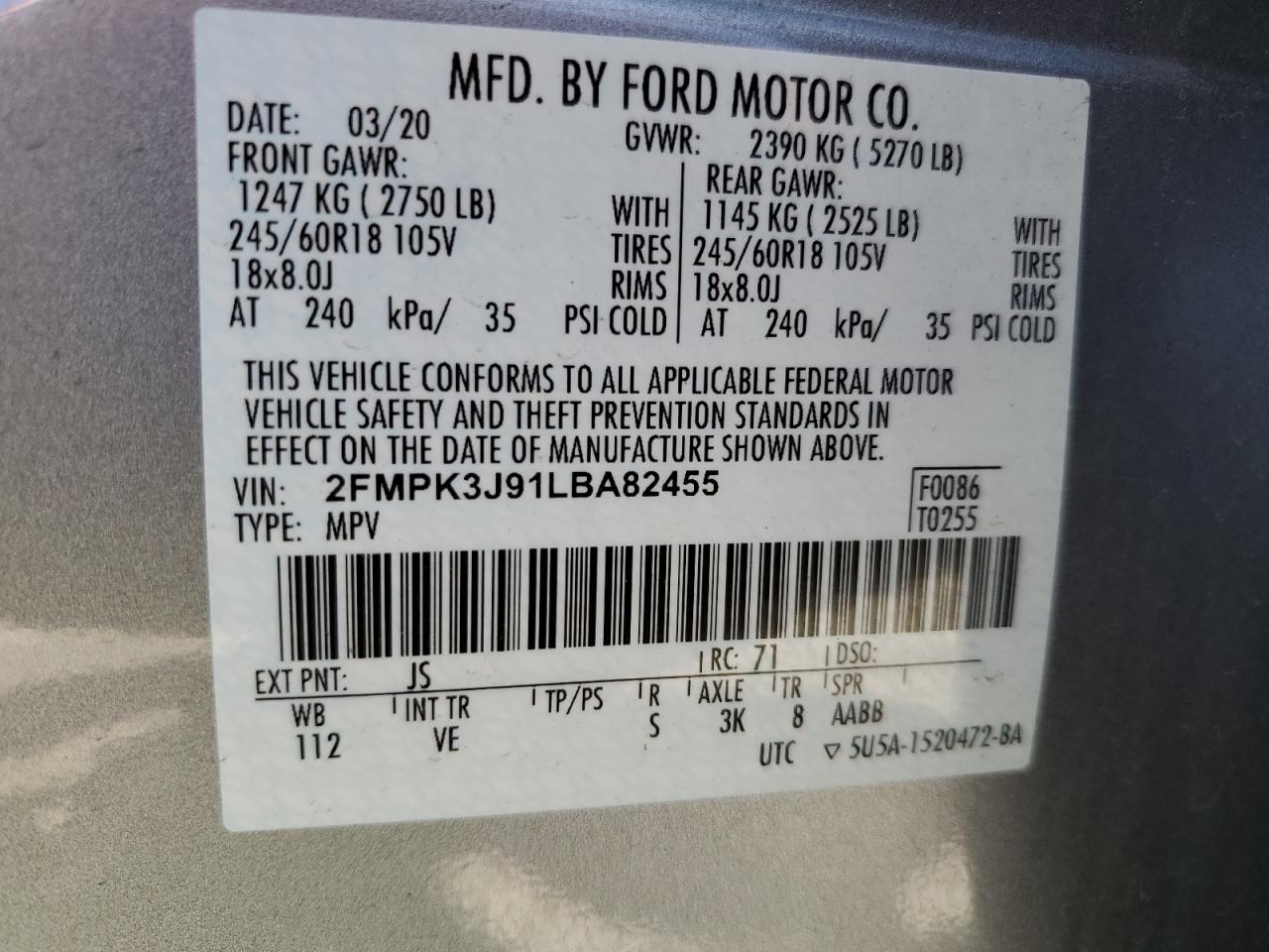 Photo 12 VIN: 2FMPK3J91LBA82455 - FORD EDGE 