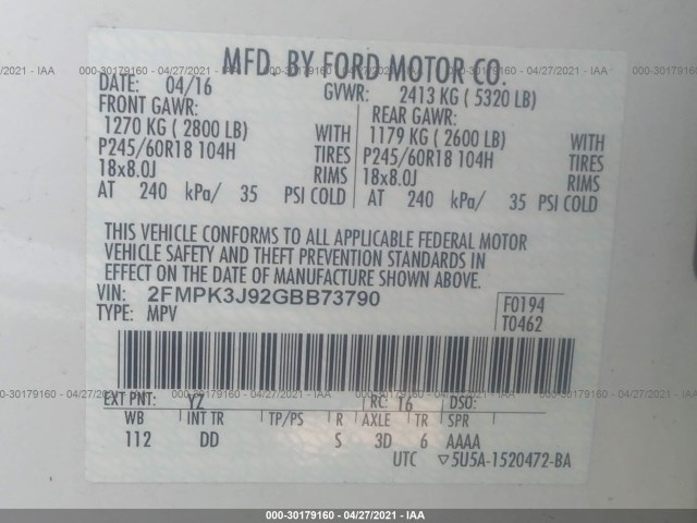 Photo 8 VIN: 2FMPK3J92GBB73790 - FORD EDGE 