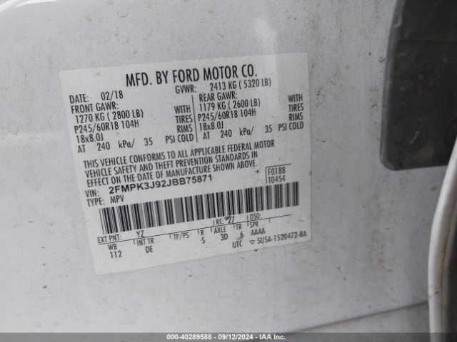 Photo 8 VIN: 2FMPK3J92JBB75871 - FORD EDGE 