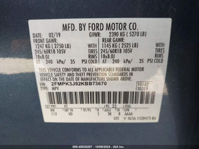 Photo 8 VIN: 2FMPK3J92KBB73670 - FORD EDGE 