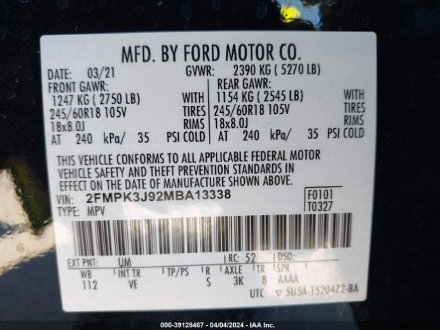 Photo 8 VIN: 2FMPK3J92MBA13338 - FORD EDGE 