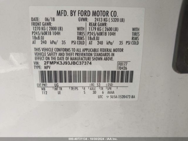 Photo 8 VIN: 2FMPK3J93JBC37374 - FORD EDGE 