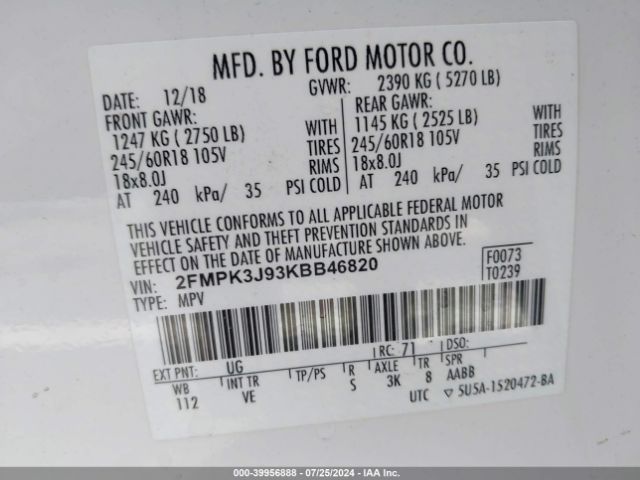 Photo 8 VIN: 2FMPK3J93KBB46820 - FORD EDGE 