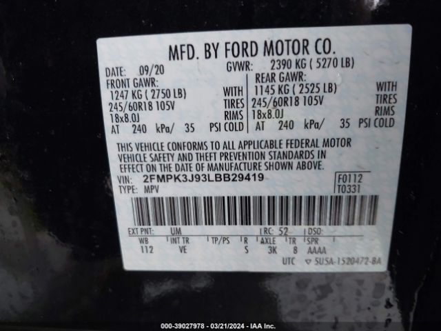 Photo 8 VIN: 2FMPK3J93LBB29419 - FORD EDGE 