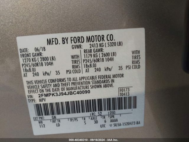 Photo 8 VIN: 2FMPK3J94JBC40090 - FORD EDGE 