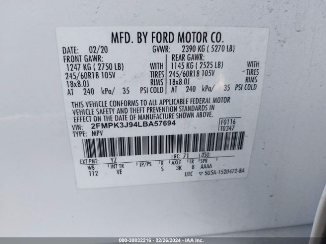 Photo 8 VIN: 2FMPK3J94LBA57694 - FORD EDGE 