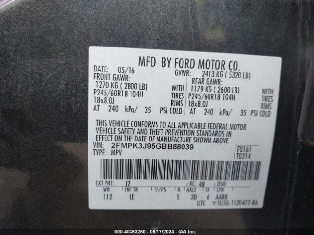 Photo 8 VIN: 2FMPK3J95GBB88039 - FORD EDGE 