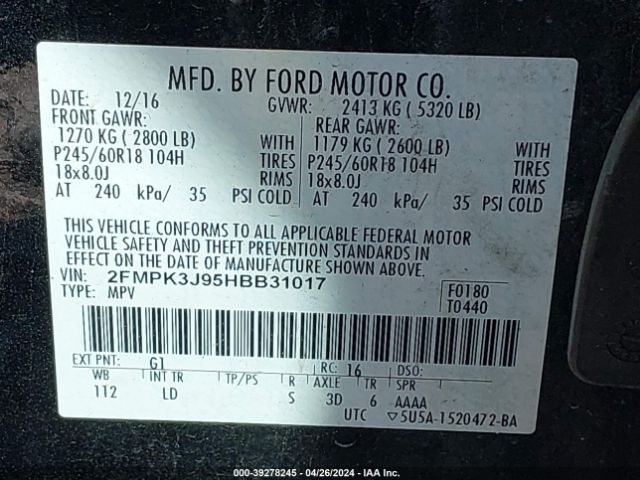 Photo 8 VIN: 2FMPK3J95HBB31017 - FORD EDGE 