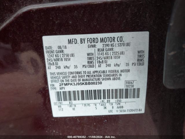 Photo 8 VIN: 2FMPK3J95KBB00230 - FORD EDGE 