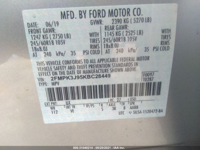 Photo 8 VIN: 2FMPK3J95KBC28449 - FORD EDGE 