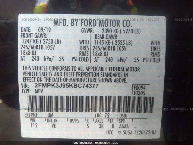 Photo 8 VIN: 2FMPK3J95KBC74377 - FORD EDGE 