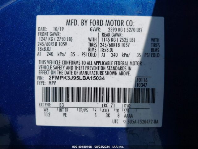 Photo 8 VIN: 2FMPK3J95LBA15034 - FORD EDGE 