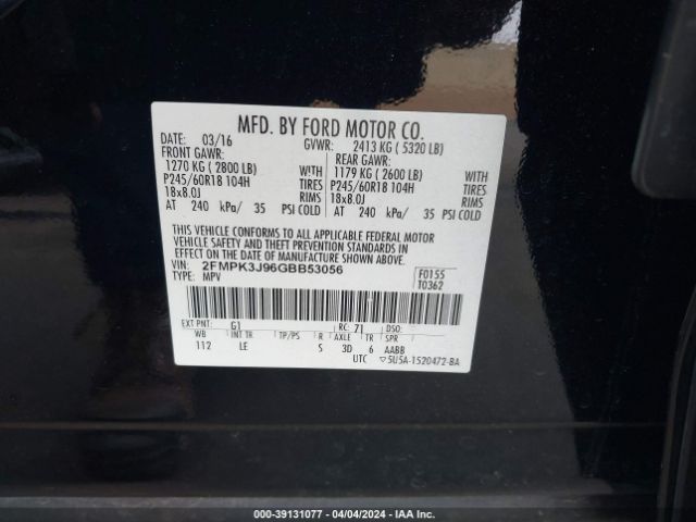 Photo 8 VIN: 2FMPK3J96GBB53056 - FORD EDGE 