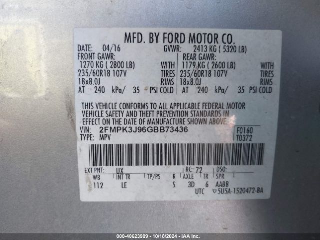 Photo 8 VIN: 2FMPK3J96GBB73436 - FORD EDGE 