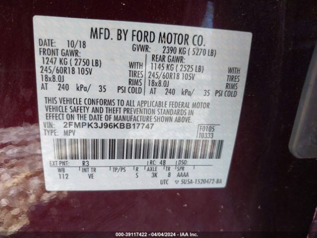 Photo 8 VIN: 2FMPK3J96KBB17747 - FORD EDGE 