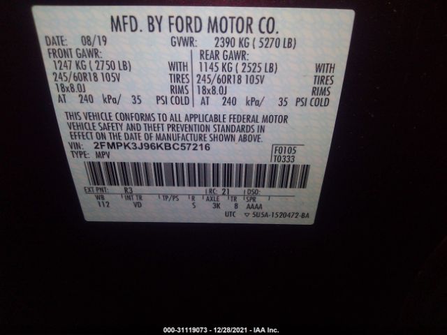 Photo 8 VIN: 2FMPK3J96KBC57216 - FORD EDGE 