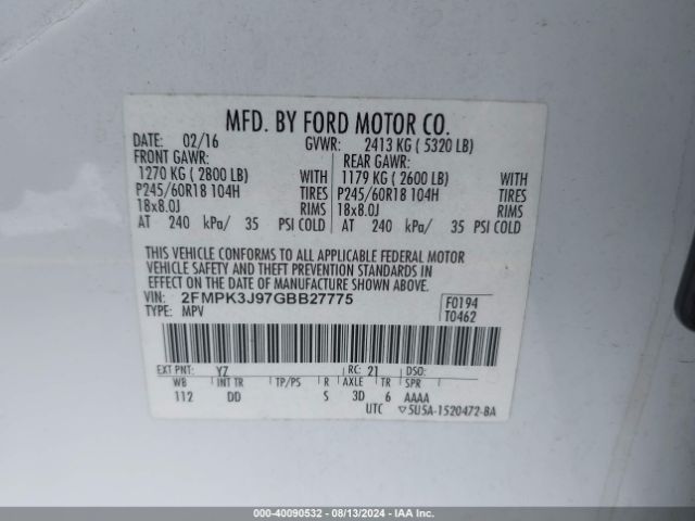 Photo 8 VIN: 2FMPK3J97GBB27775 - FORD EDGE 