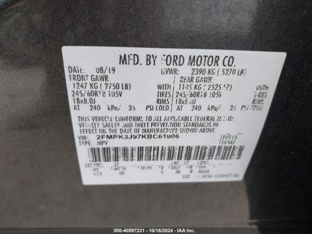 Photo 8 VIN: 2FMPK3J97KBC61906 - FORD EDGE 