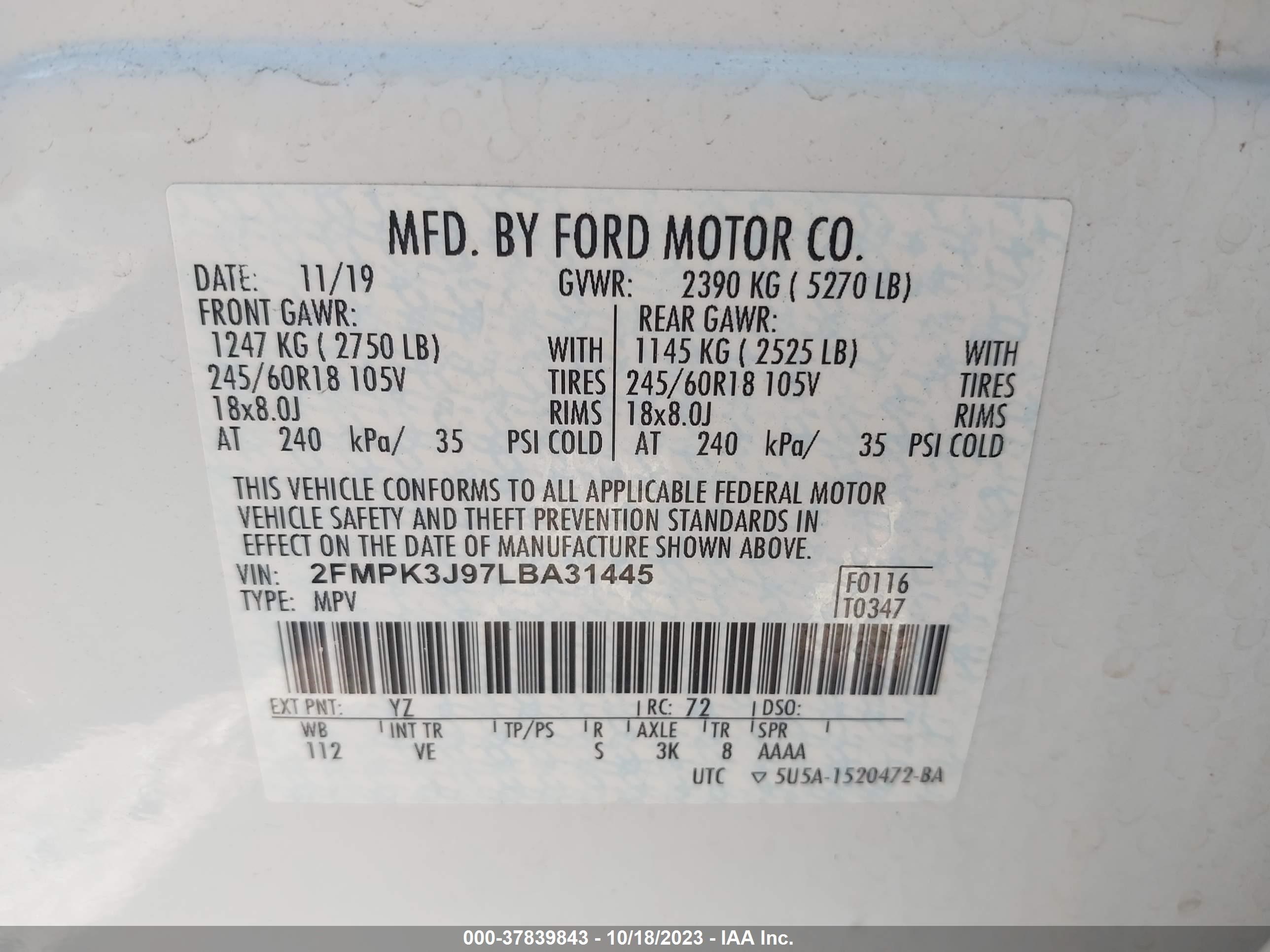 Photo 8 VIN: 2FMPK3J97LBA31445 - FORD EDGE 