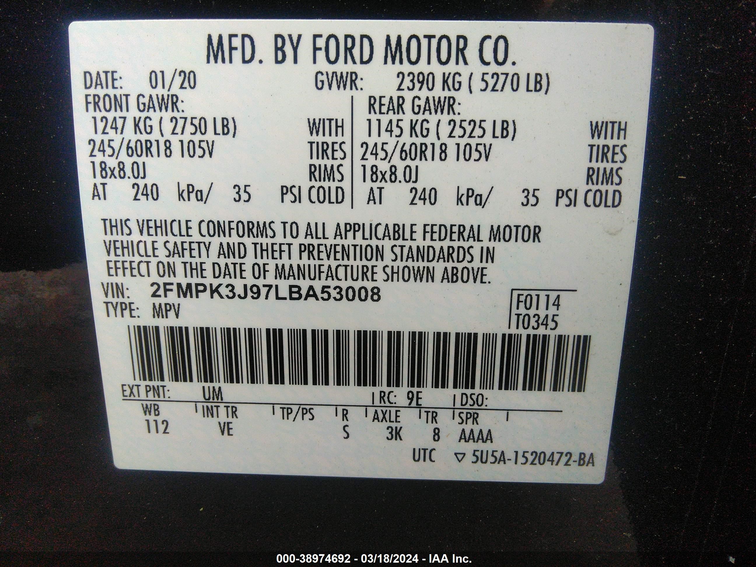 Photo 8 VIN: 2FMPK3J97LBA53008 - FORD EDGE 