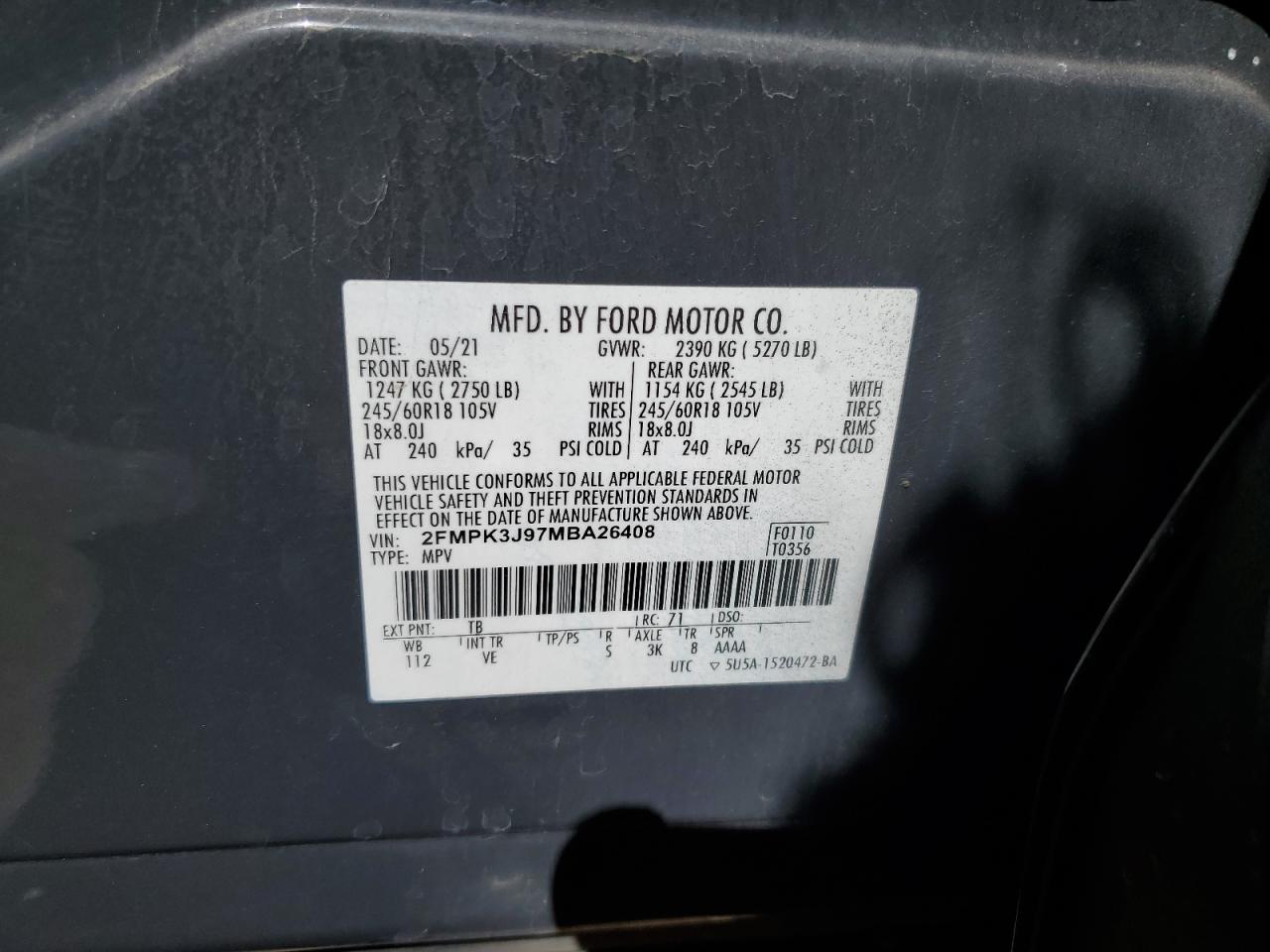 Photo 12 VIN: 2FMPK3J97MBA26408 - FORD EDGE 