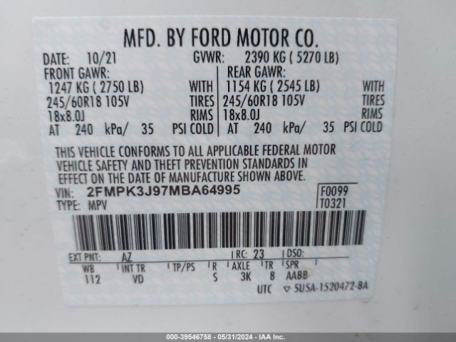 Photo 8 VIN: 2FMPK3J97MBA64995 - FORD EDGE 