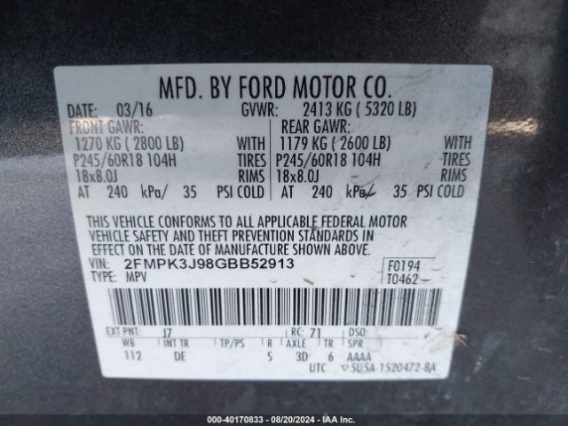 Photo 8 VIN: 2FMPK3J98GBB52913 - FORD EDGE 