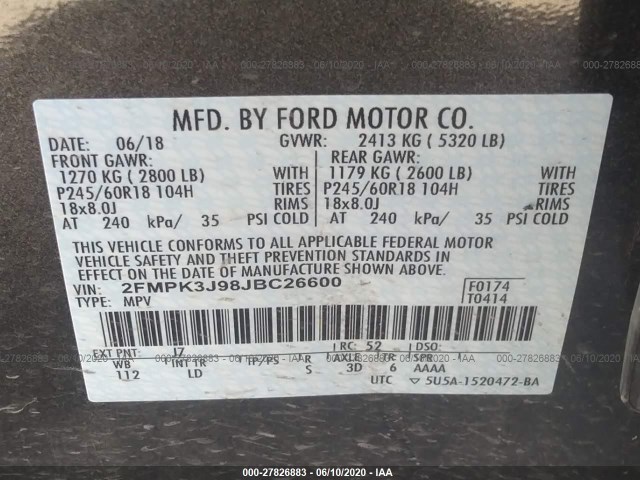 Photo 8 VIN: 2FMPK3J98JBC26600 - FORD EDGE 