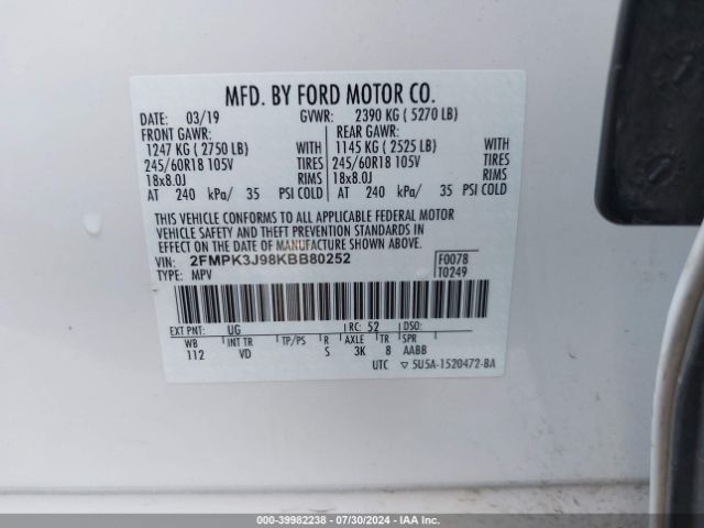 Photo 8 VIN: 2FMPK3J98KBB80252 - FORD EDGE 