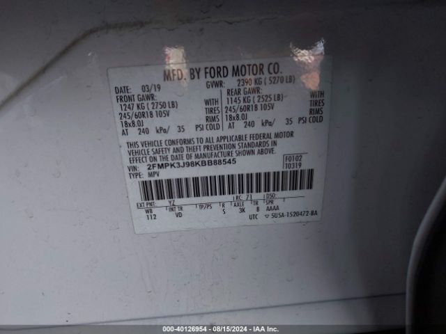 Photo 8 VIN: 2FMPK3J98KBB88545 - FORD EDGE 