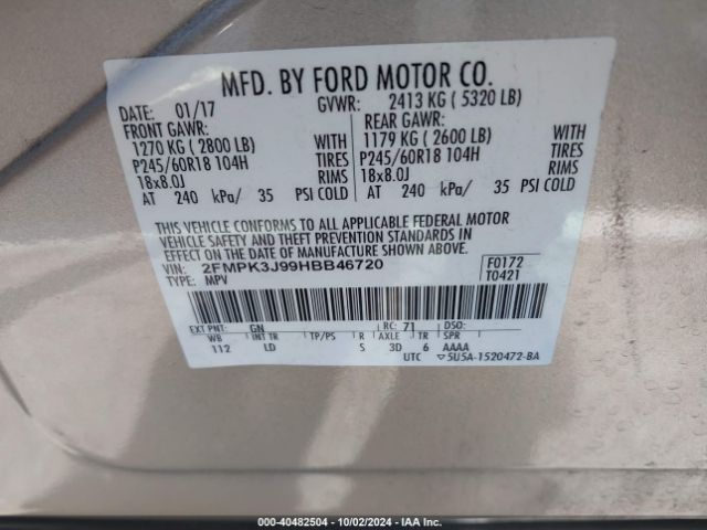 Photo 8 VIN: 2FMPK3J99HBB46720 - FORD EDGE 