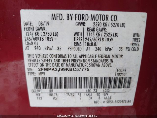 Photo 8 VIN: 2FMPK3J99KBC57775 - FORD EDGE 