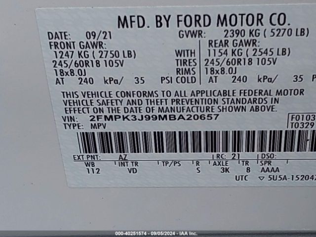 Photo 8 VIN: 2FMPK3J99MBA20657 - FORD EDGE 